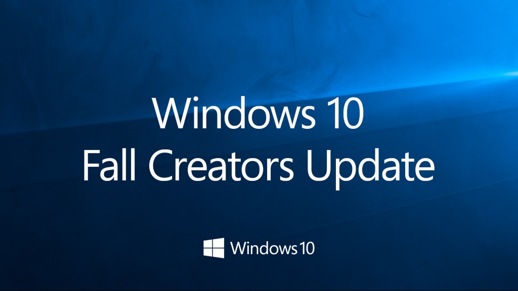 The Windows 10 logo, followed by text reading Fall Creators Update in the bottom, behind which is Windows 10's old Hero wallpaper.